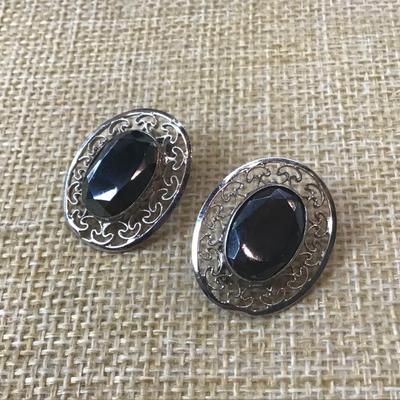 Vintage Janice Girardi Sterling JGD Signed Faceted Black Gemstone  Earrings