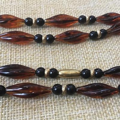 Art Deco VTG Lucite Necklace Shell / Amber Black and gold 38