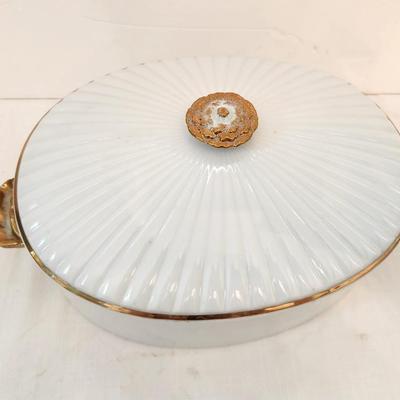 Lot #62 Vintage porcelain Covered Dish - Gold trim