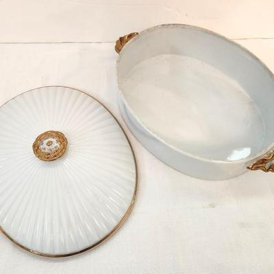 Lot #62 Vintage porcelain Covered Dish - Gold trim