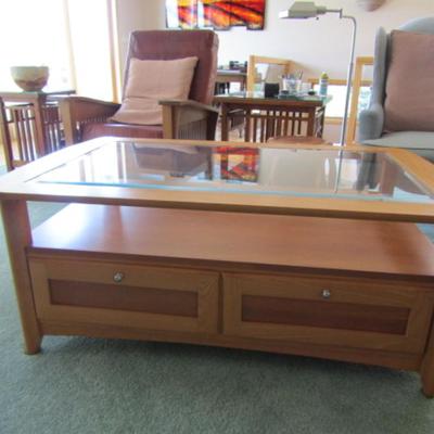 Solid Wood Glass Top Coffee Table with Storage Drawers- Approx 48