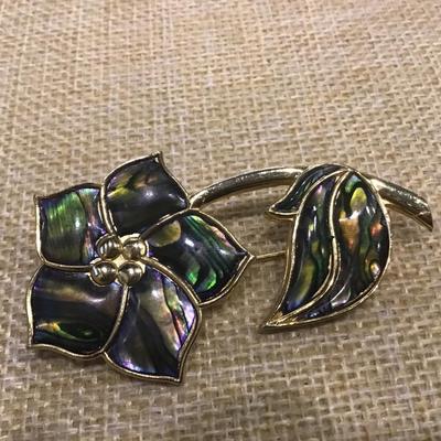 Vtg.  Signed Duri Art Nouveau Style Gold Tone Abalone Shell Inlay Pin Brooch