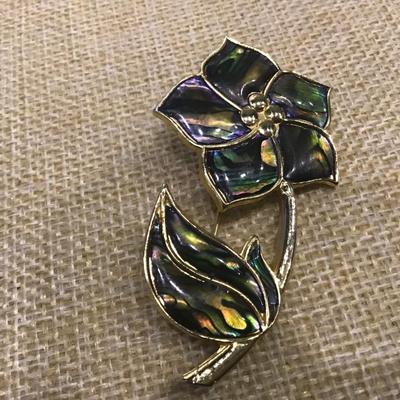 Vtg.  Signed Duri Art Nouveau Style Gold Tone Abalone Shell Inlay Pin Brooch