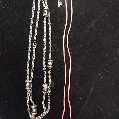 RED CORD NECKLACE W/STERLING CLASP AND SILVER TONE NECKLACE