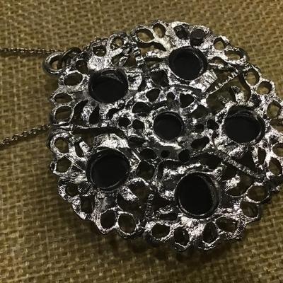 Silver Tone Black Glass Pendant with Chain