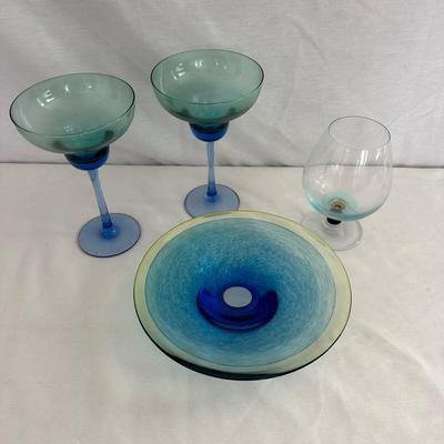 Blue Margarita Glasses & Signed Glass Bowl (LR-MG)