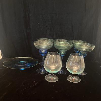 Blue Margarita Glasses & Signed Glass Bowl (LR-MG)