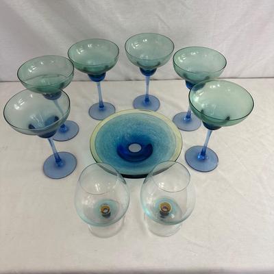 Blue Margarita Glasses & Signed Glass Bowl (LR-MG)