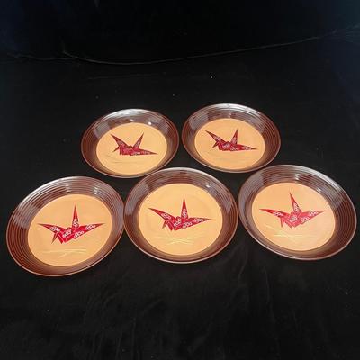 Asian Enameled Wood Plates & Bowl (LR-MG)