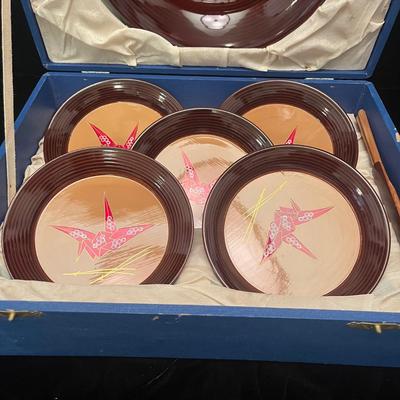 Asian Enameled Wood Plates & Bowl (LR-MG)