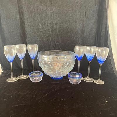 Floral Design Glasses & Unique Signed Glass Bowl (LR-MG)