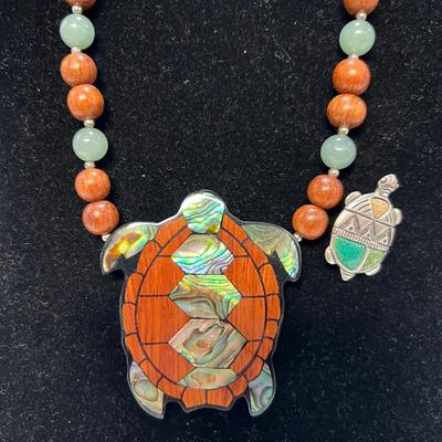 Beaded 925 Necklace with Turtle Pendant & 925 Turtle Brooch (B4-RG)