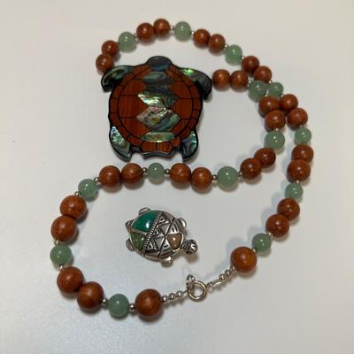 Beaded 925 Necklace with Turtle Pendant & 925 Turtle Brooch (B4-RG)