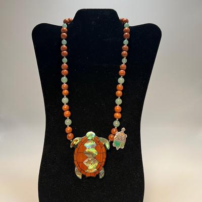 Beaded 925 Necklace with Turtle Pendant & 925 Turtle Brooch (B4-RG)