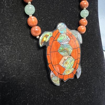 Beaded 925 Necklace with Turtle Pendant & 925 Turtle Brooch (B4-RG)