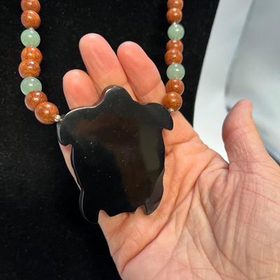 Beaded 925 Necklace with Turtle Pendant & 925 Turtle Brooch (B4-RG)