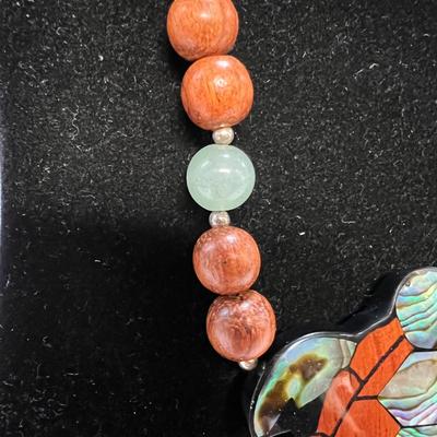 Beaded 925 Necklace with Turtle Pendant & 925 Turtle Brooch (B4-RG)