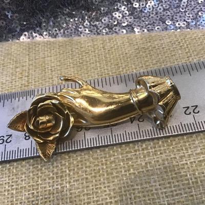 Vintage CORO HAND Pin Brooch Hand Holding Rose Flower Gold Tone