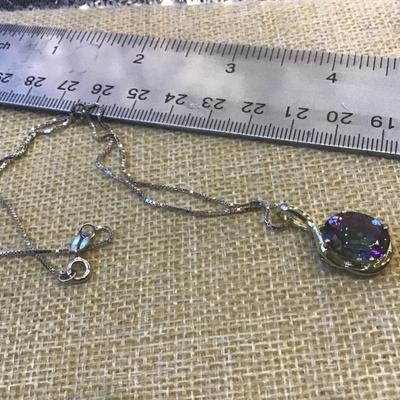 VINTAGE JH STERLING CHUNKY OVAL MYSTIC TOPAZ SLIDER NECKLACE PENDANT And Italy 925 Chain