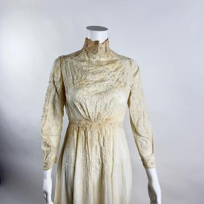Lot 603 Antique Victorian Cotton Embroidered Dress with Wired Lace Collar