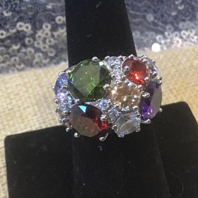 NVC Nataliya V Collister Rhodium Plated  Multicolor CZ Cluster Dome Ring