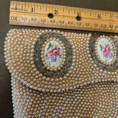 Pearl beaded purse with floral insets