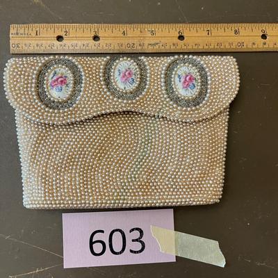 Pearl beaded purse with floral insets