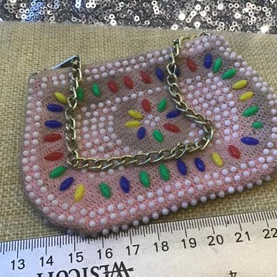 Vintage Pink  Plastic Colorful Beaded Coin Purse - Zipper Closure -With Keyring