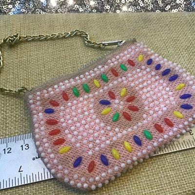 Vintage Pink  Plastic Colorful Beaded Coin Purse - Zipper Closure -With Keyring