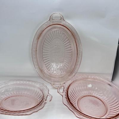 Pink Depression glass serving platters bowl