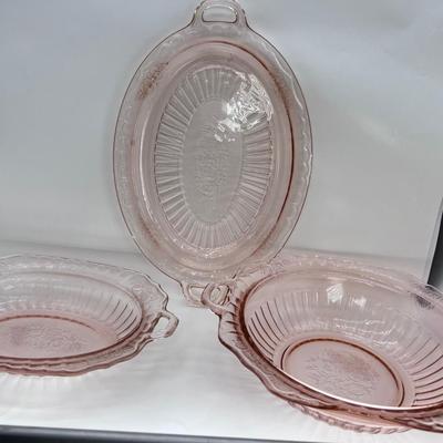 Pink Depression glass serving platters bowl