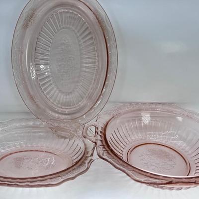 Pink Depression glass serving platters bowl