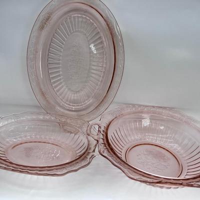Pink Depression glass serving platters bowl