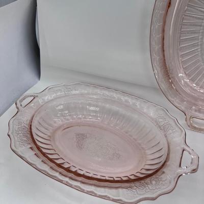 Pink Depression glass serving platters bowl