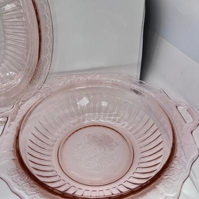 Pink Depression glass serving platters bowl