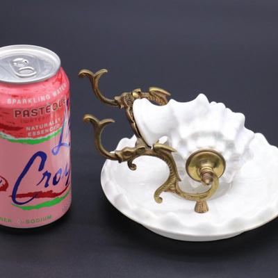 Antique 19th Century White Porcelain Shell and Brass or Bronze Inkwell Pen Holder