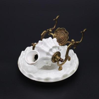 Antique 19th Century White Porcelain Shell and Brass or Bronze Inkwell Pen Holder