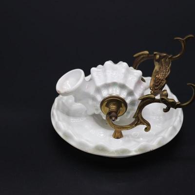 Antique 19th Century White Porcelain Shell and Brass or Bronze Inkwell Pen Holder