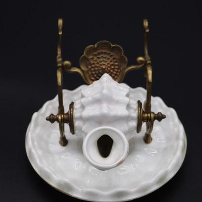 Antique 19th Century White Porcelain Shell and Brass or Bronze Inkwell Pen Holder
