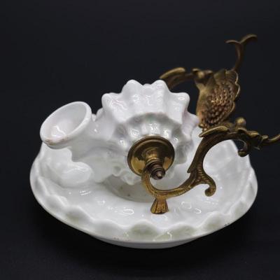 Antique 19th Century White Porcelain Shell and Brass or Bronze Inkwell Pen Holder