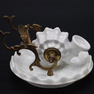 Antique 19th Century White Porcelain Shell and Brass or Bronze Inkwell Pen Holder