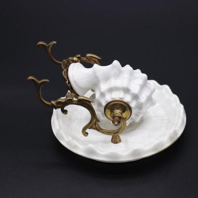 Antique 19th Century White Porcelain Shell and Brass or Bronze Inkwell Pen Holder