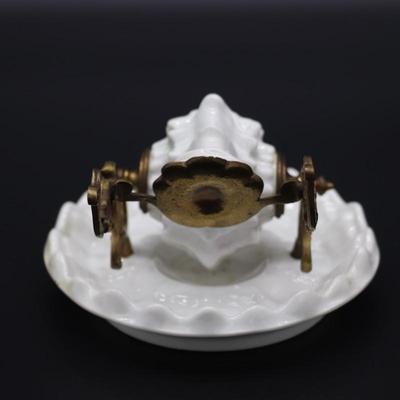 Antique 19th Century White Porcelain Shell and Brass or Bronze Inkwell Pen Holder