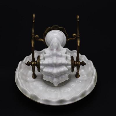 Antique 19th Century White Porcelain Shell and Brass or Bronze Inkwell Pen Holder