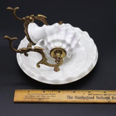 Antique 19th Century White Porcelain Shell and Brass or Bronze Inkwell Pen Holder