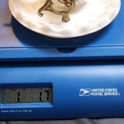 Antique 19th Century White Porcelain Shell and Brass or Bronze Inkwell Pen Holder