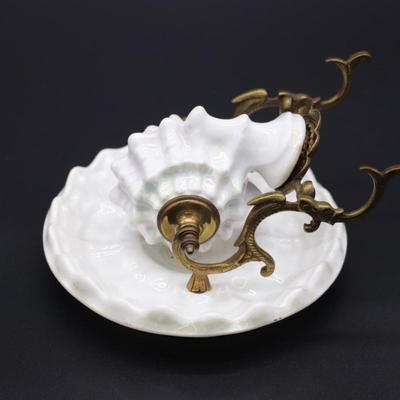 Antique 19th Century White Porcelain Shell and Brass or Bronze Inkwell Pen Holder