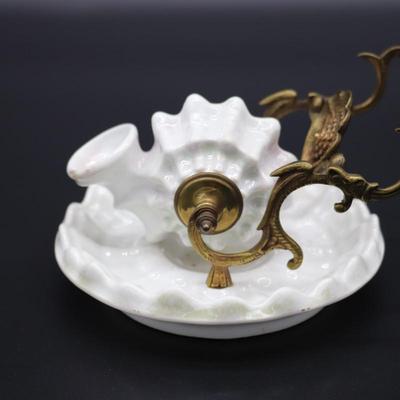 Antique 19th Century White Porcelain Shell and Brass or Bronze Inkwell Pen Holder