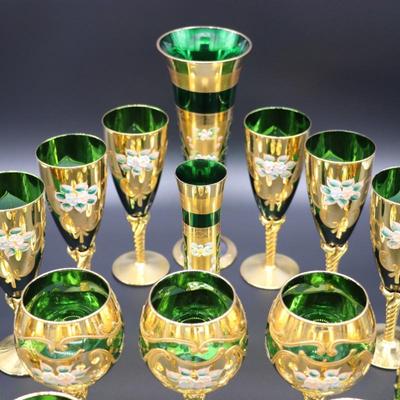 Antique Moser Green Glass and Gold Enamel Floral Design Wine and Champagne Glasses with Vase