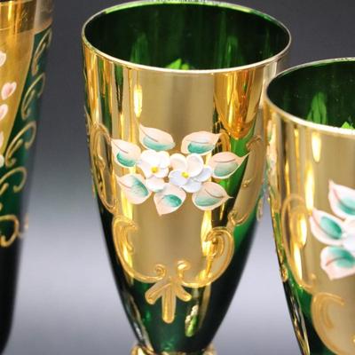 Antique Moser Green Glass and Gold Enamel Floral Design Wine and Champagne Glasses with Vase